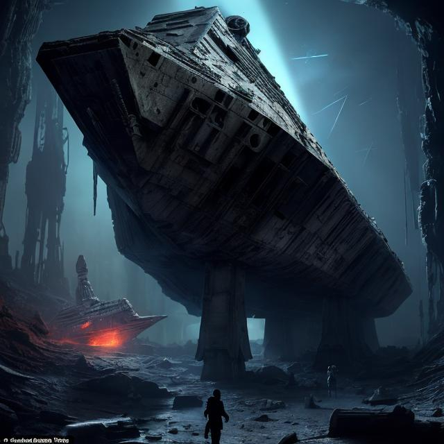 Prompt: Crashed, derelict, star destroyer in underground cavern, metallic, ancient alien artifacts, eerie atmosphere, high quality, 3D rendering, sci-fi, dark and mysterious, cool tones, atmospheric lighting, detailed wreckage, ancient technology, buried, cavernous setting.

A small human is in the foreground looking at the ship