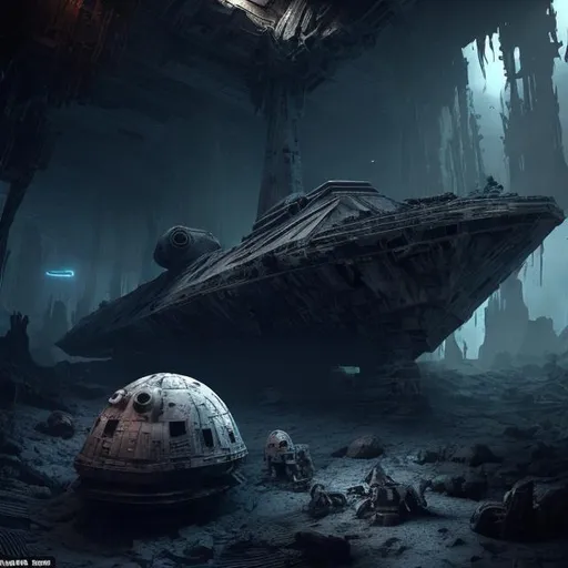 Prompt: Crashed, derelict, star destroyer in underground cavern, metallic, ancient alien artifacts, eerie atmosphere, high quality, 3D rendering, sci-fi, dark and mysterious, cool tones, atmospheric lighting, detailed wreckage, ancient technology, buried, cavernous setting.

A small human is in the foreground looking at the ship
