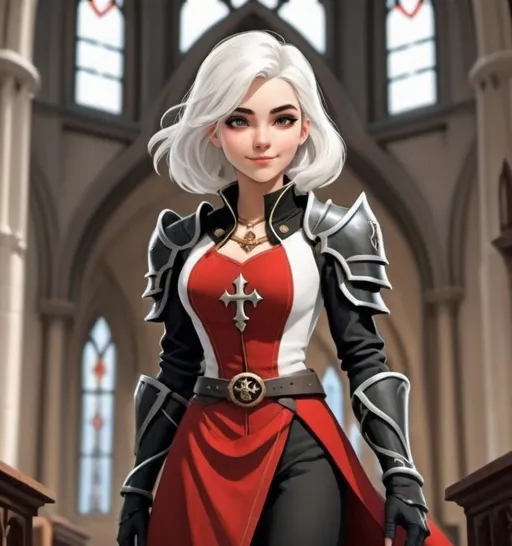 Prompt: 18 year old girl short white hair with black armor and red robes in cathedral