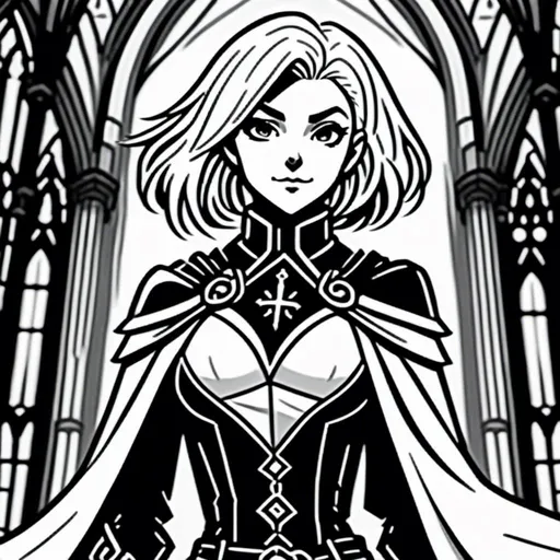 Prompt: <mymodel> black and white, comic book style, short white hair, in a dark cathedral at night