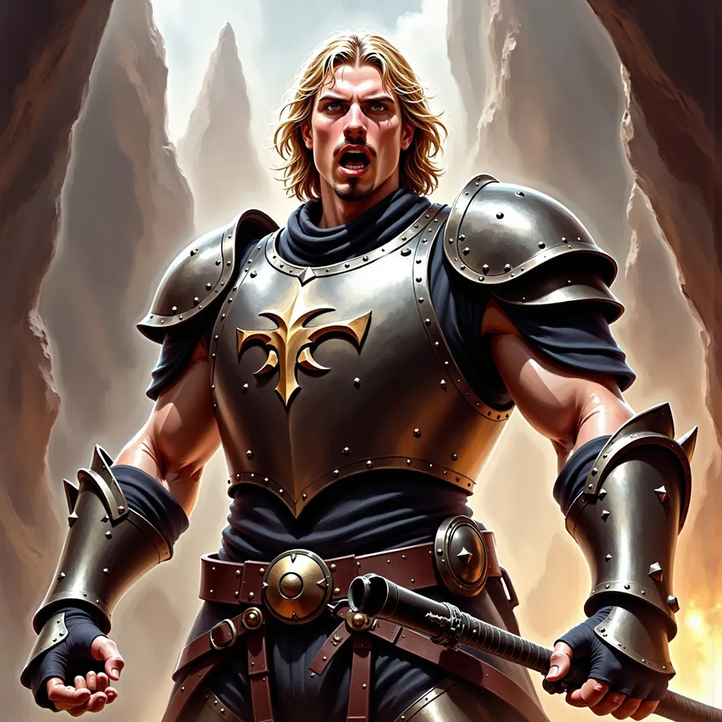 Prompt: A fit muscular Paladin in armor who is yelling. With an imposing atmosphere.
