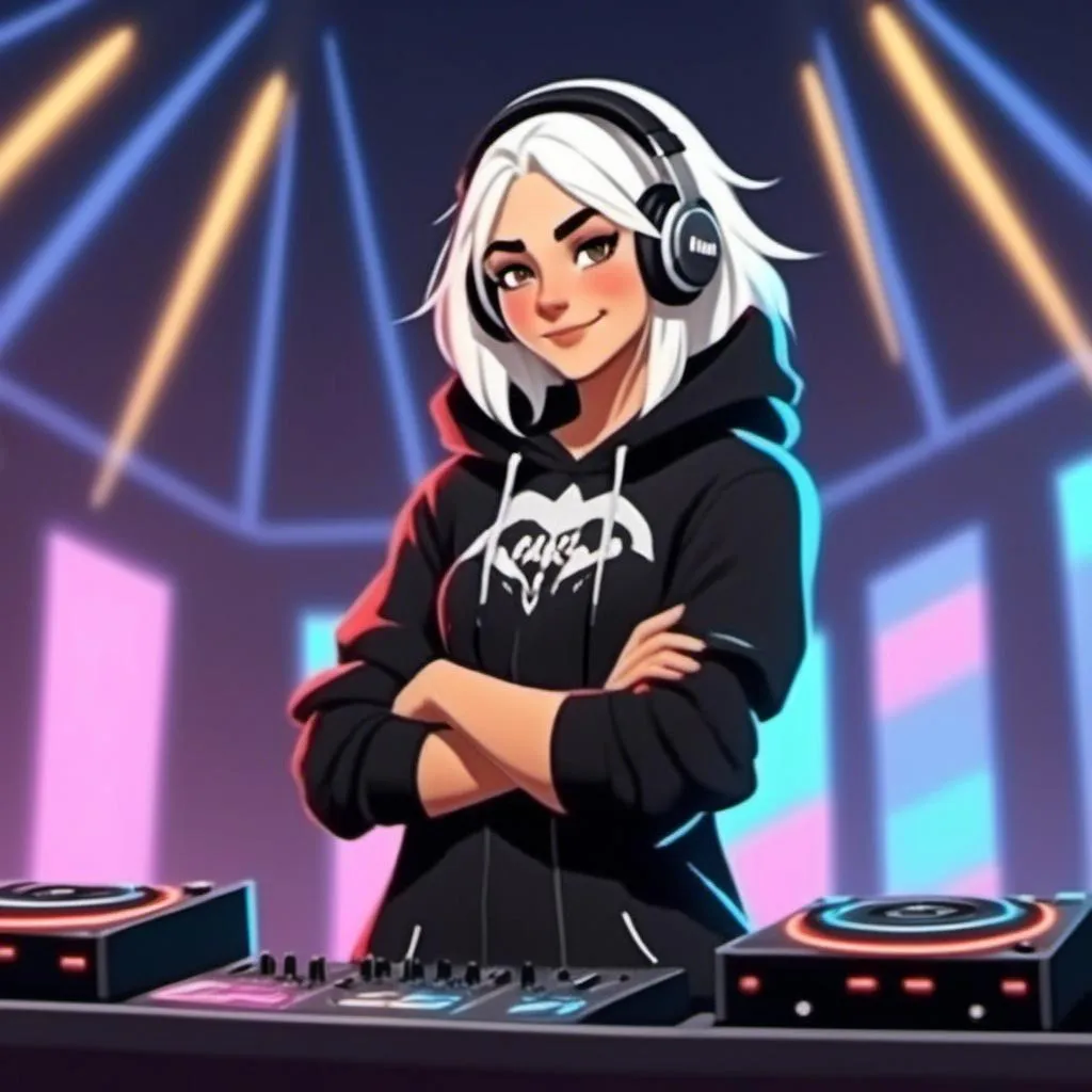 Prompt: <mymodel> as a DJ at a concert with a light-show, bad-girl expression, Wearing a hoodie.