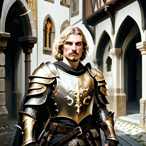 Prompt: a man dressed in armor standing in front of a medieval building, realism, detailed epic fantasy character, a full body character