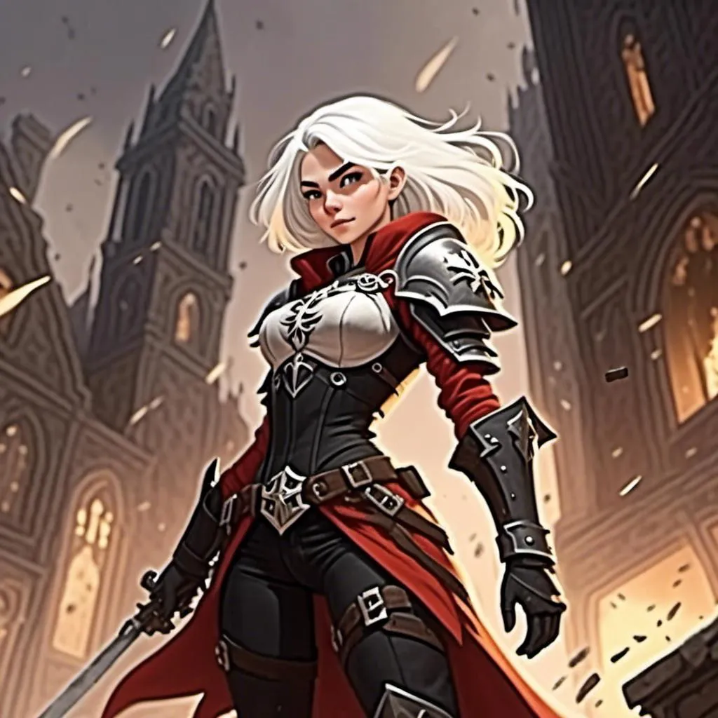 Prompt: <mymodel> hair blowing backwards as shooting gun, heavy gunfire. Strong lighting, human women in armor standing in war torn city, dust particles and debris.