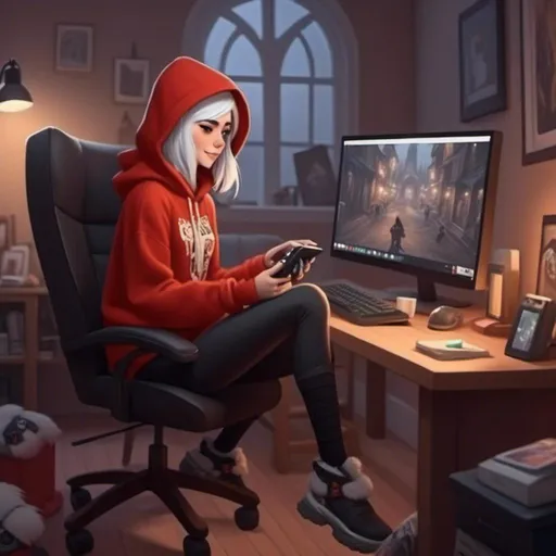 Prompt: <mymodel> in a dorm room, playing video games on a computer, wearing a hoodie, gamer-girl