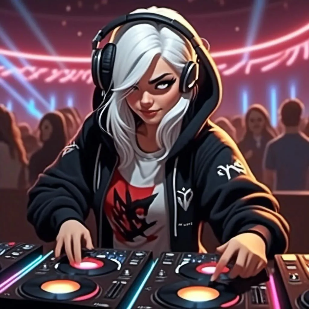 Prompt: <mymodel> as a DJ at a concert with a light-show, bad-girl expression, Wearing a hoodie.