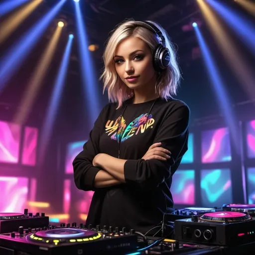 Prompt: Women DJ at a club, with light show and music