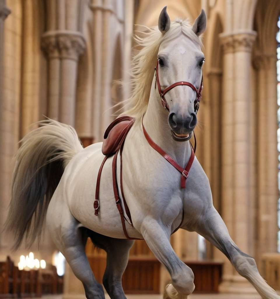 Prompt: Horse running through cathedral