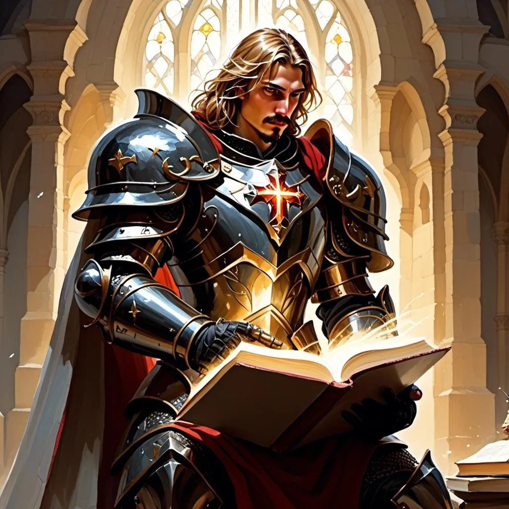 Prompt: <mymodel> Paladin is armor holding a holy book with light coming out of the pages