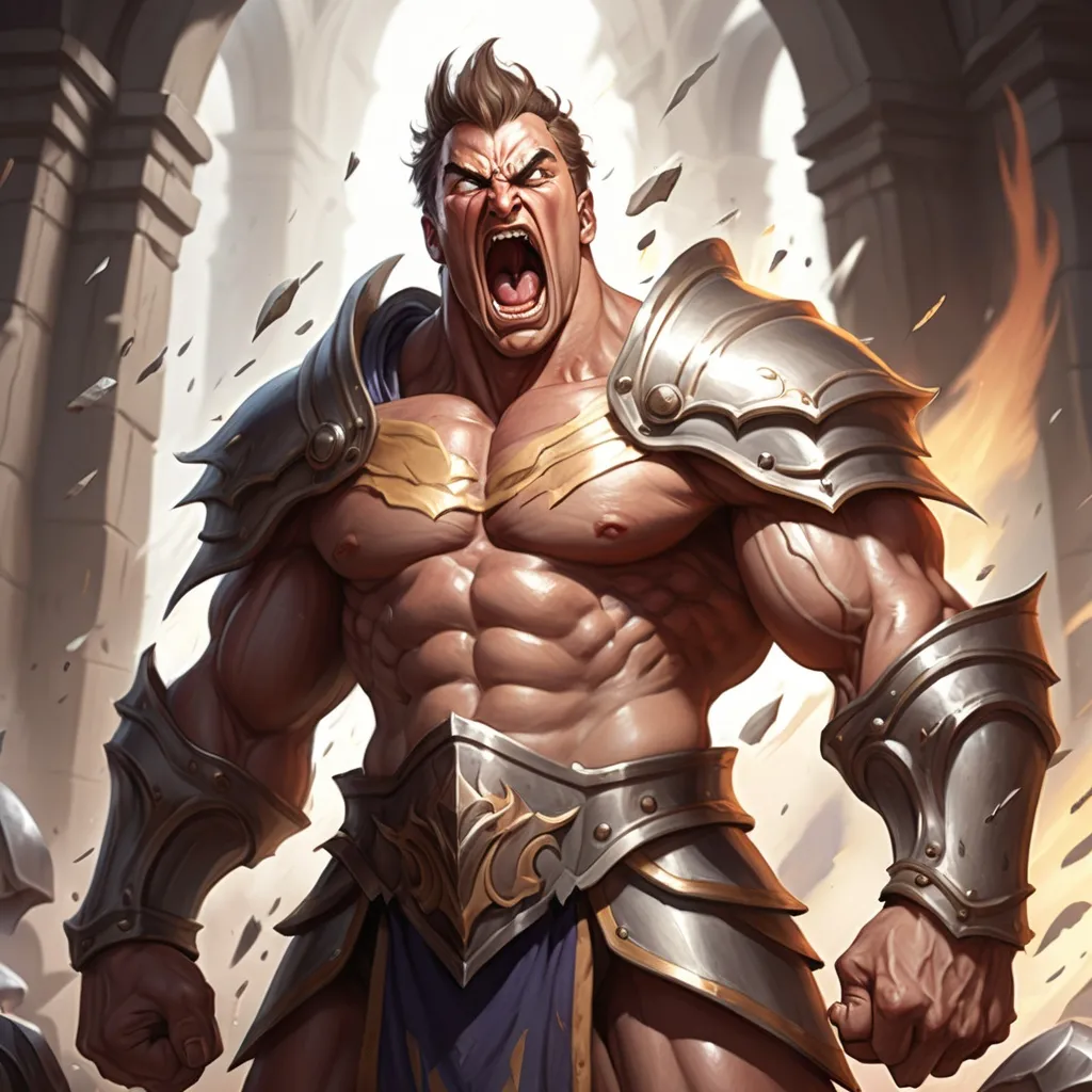 Prompt: A muscular paladin who is angry and screaming. Leaning in.