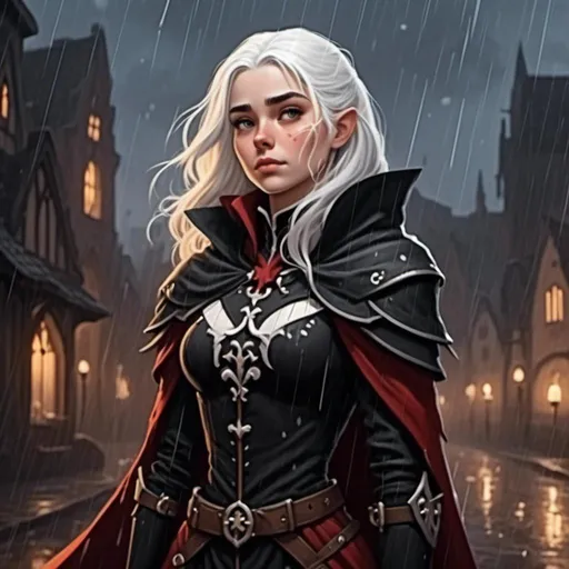 Prompt: <mymodel> standing in the rain sad and crying at dusk. Standing in old gothic medieval town