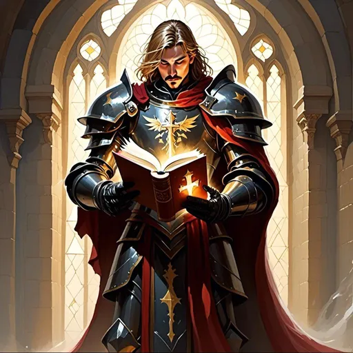 Prompt: <mymodel> Paladin is armor holding a holy book with light coming out of the pages