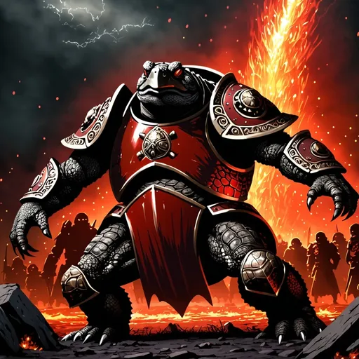 Prompt: Adepta sororitas snapping-turtle in black and red armor