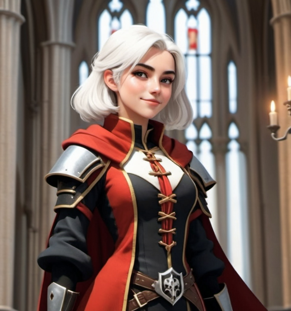 Prompt: 18 year old girl short white hair with black armor and red robes in cathedral