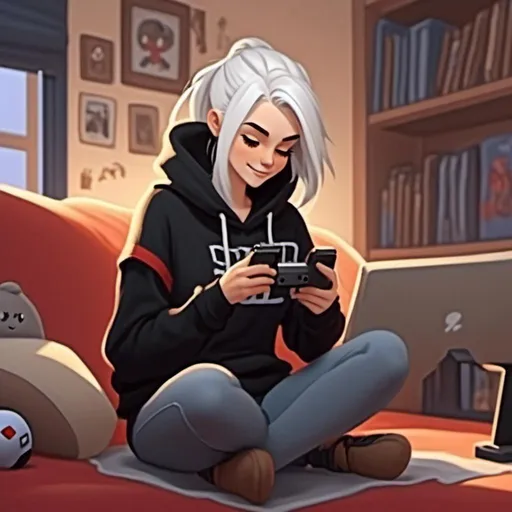 Prompt: <mymodel> in a dorm room, playing video games on a computer, wearing a hoodie, gamer-girl