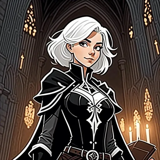 Prompt: <mymodel> black and white, comic book style, short white hair, in a dark cathedral at night