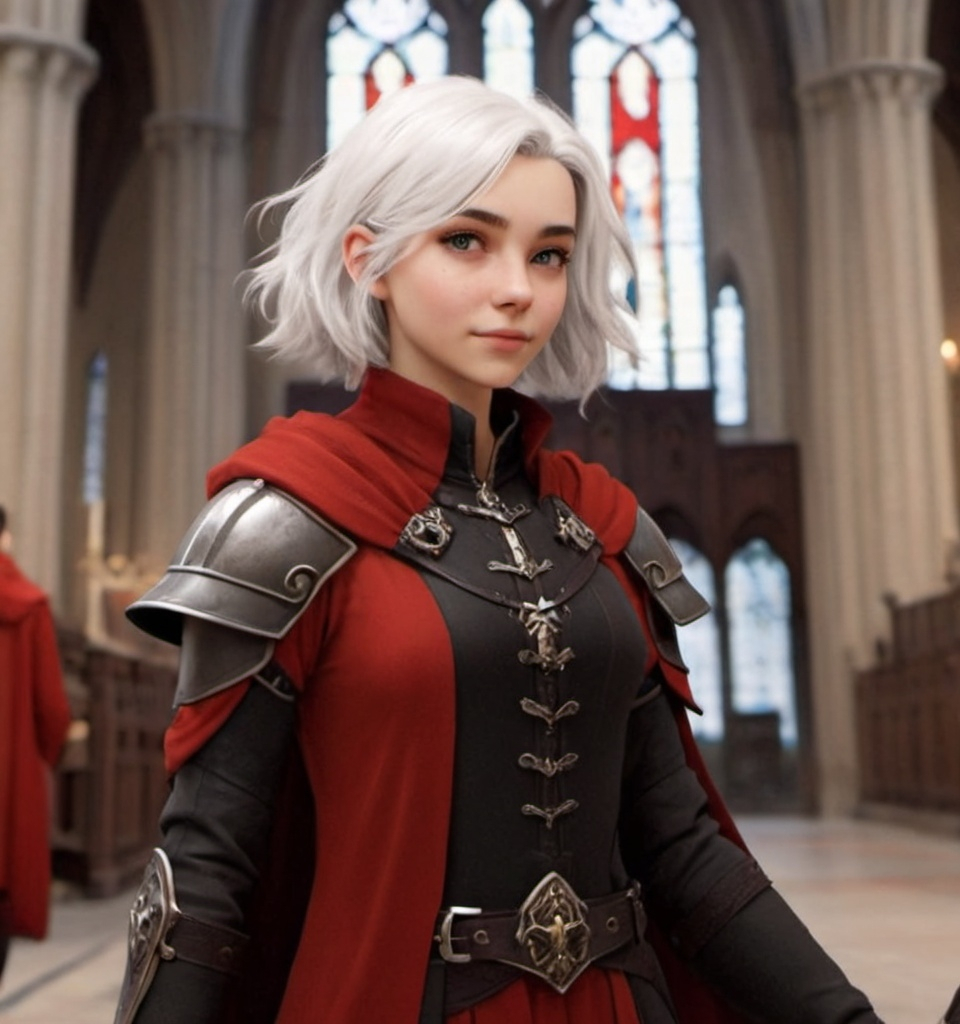 Prompt: 18 year old girl short white hair with black armor and red robes in cathedral