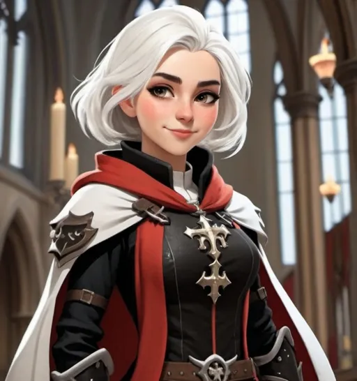 Prompt: 18 year old girl short white hair with black armor and red robes in cathedral