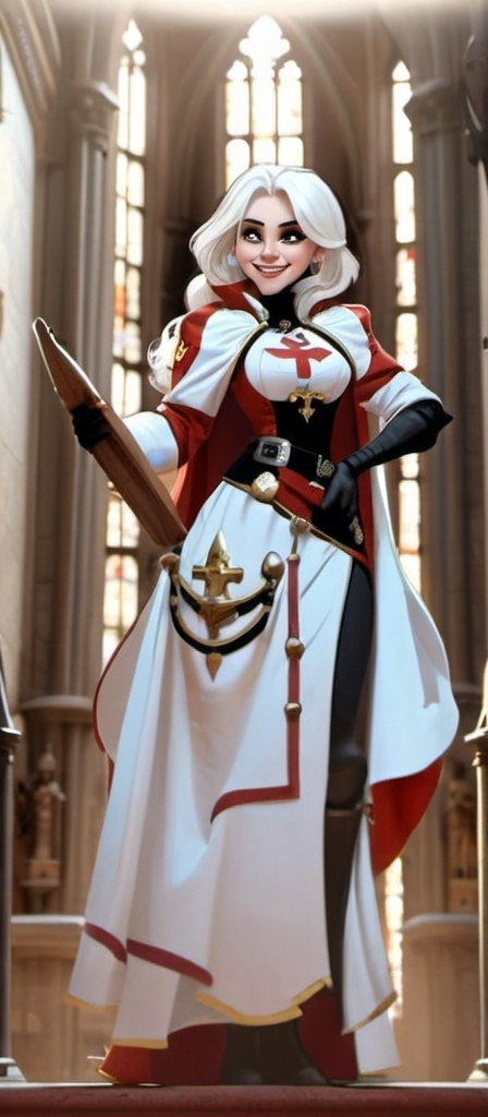 Prompt: Full color adepta sororitas sister with chin length white hair, in red robes, with black eyeliner, smiling in pixar style. Who is standing in a gothic cathedral. 