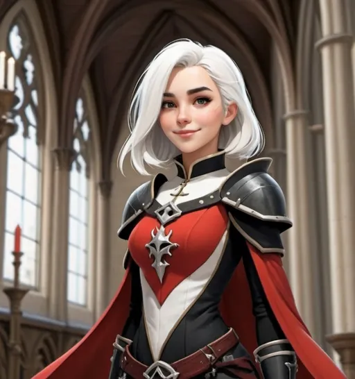 Prompt: 18 year old girl short white hair with black armor and red robes in cathedral