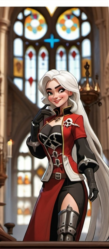 Prompt: Full color adepta sororitas sister with chin length white hair, in red robes, with black eyeliner, smiling in pixar style. Who is standing in a gothic cathedral. 