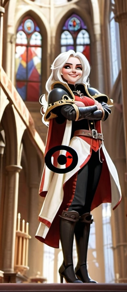 Prompt: Full color adepta sororitas sister with chin length white hair, in red robes, with black eyeliner, smiling in pixar style. Who is standing in a gothic cathedral. 