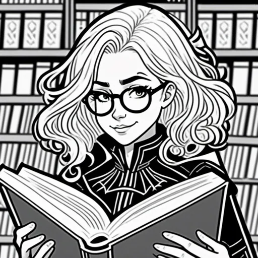 Prompt: <mymodel> uncolored coloring book, character with glasses reading a book