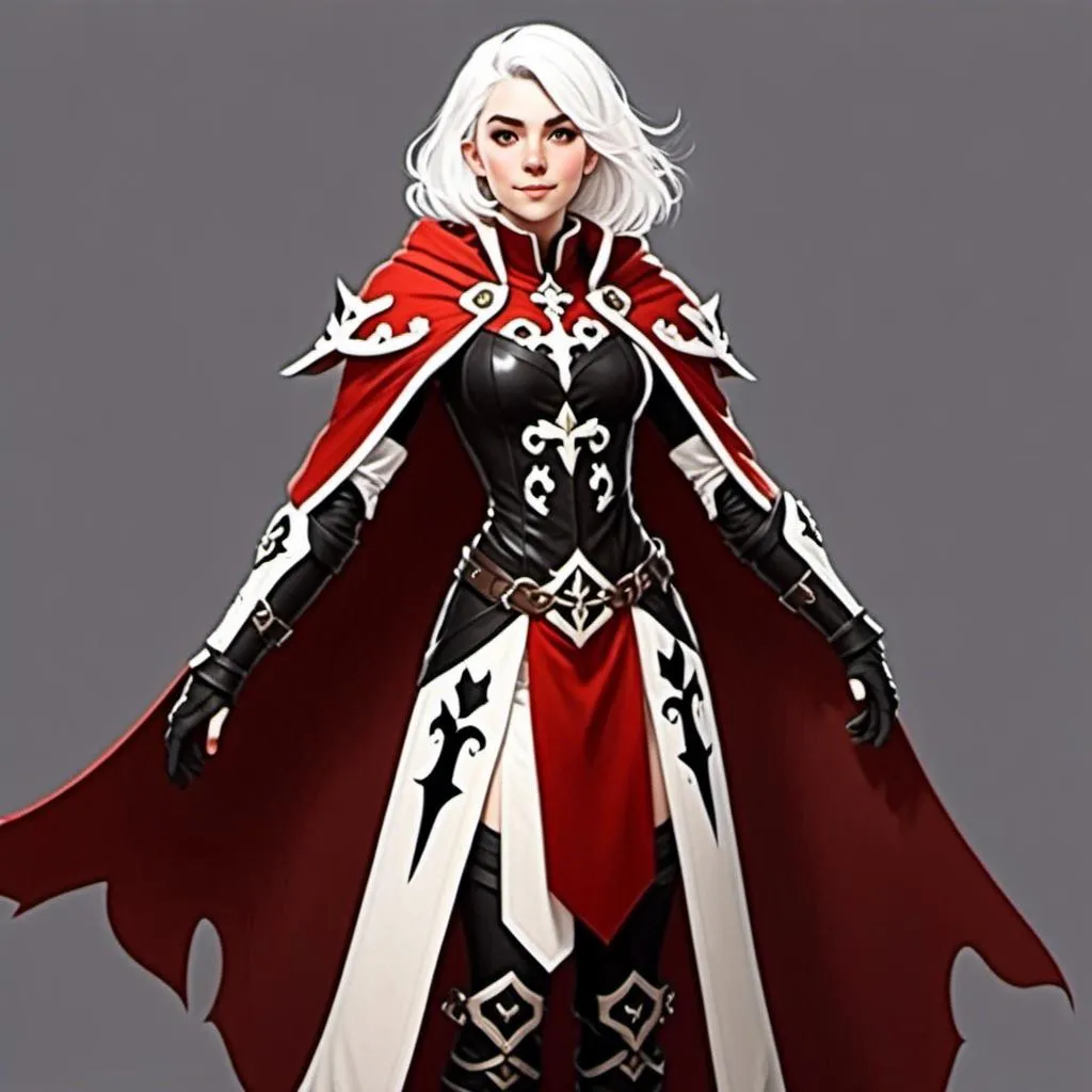 Prompt: <mymodel> black armor, white accents with red tabard and cape, references, cosplay