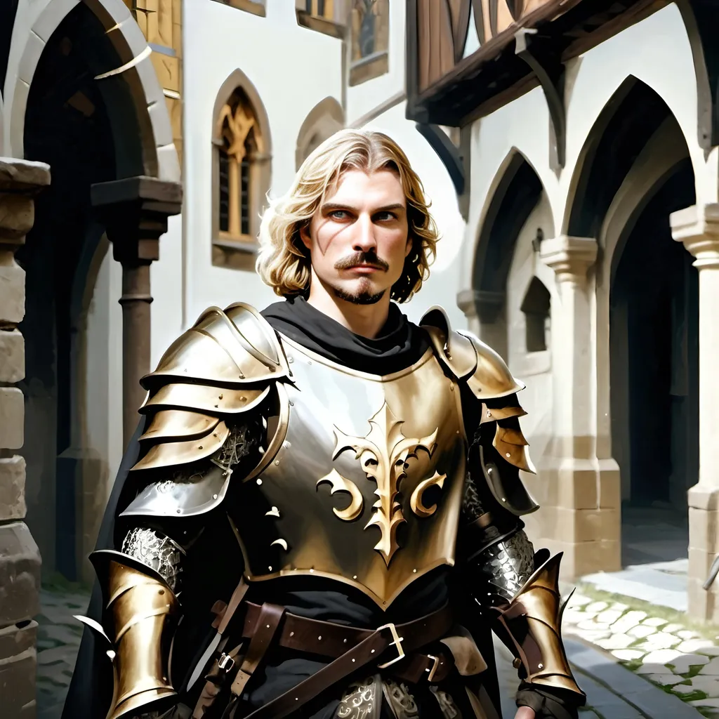 Prompt: Live-like realism, looking to his left, a rugged blond haired man with a mustache and beard in a gold suit of armor with a black cape, standing in a courtyard