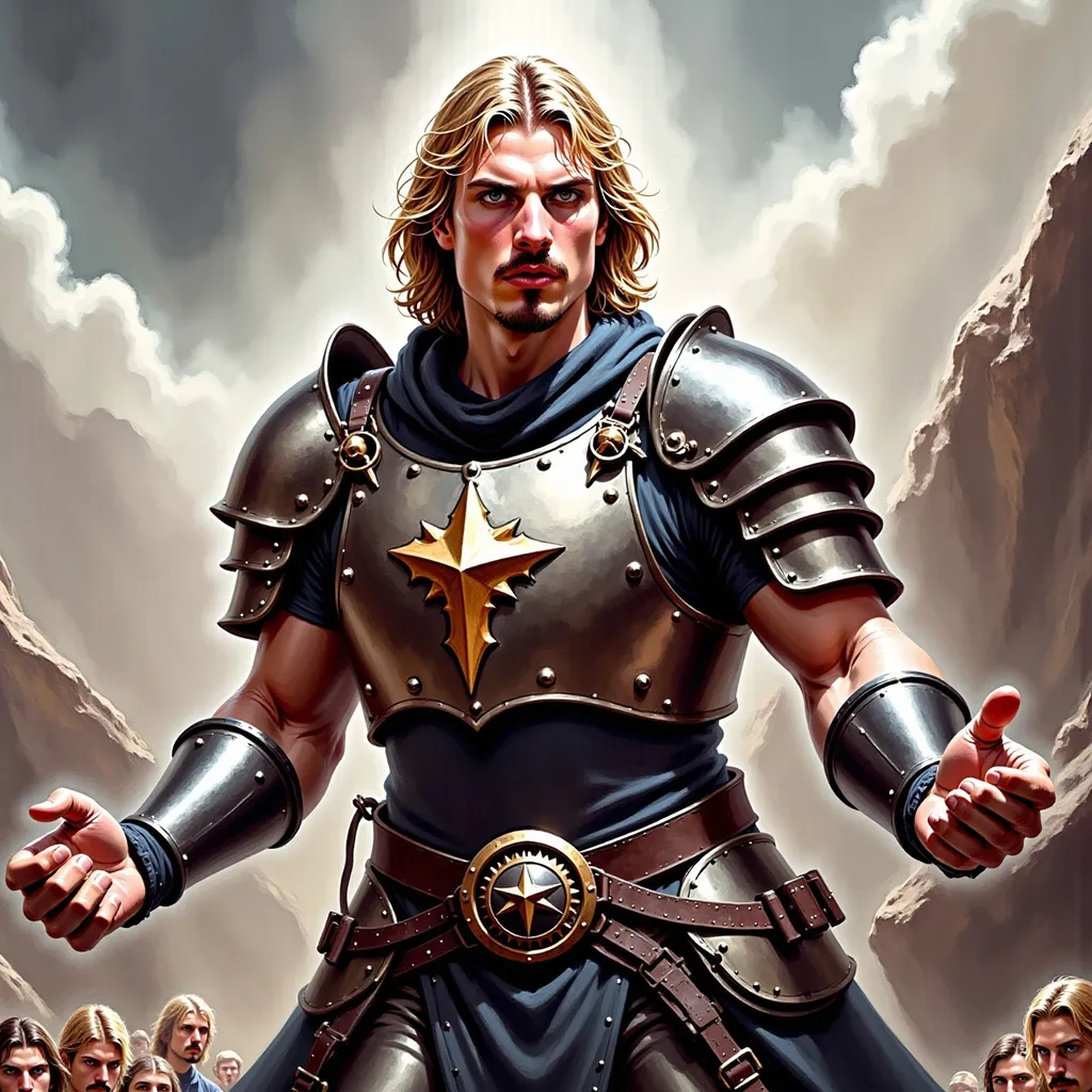 Prompt: A fit muscular Paladin in armor who is yelling. With an imposing atmosphere.