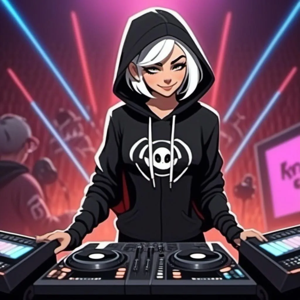 Prompt: <mymodel> as a DJ at a concert with a light-show, bad-girl expression, Wearing a hoodie.