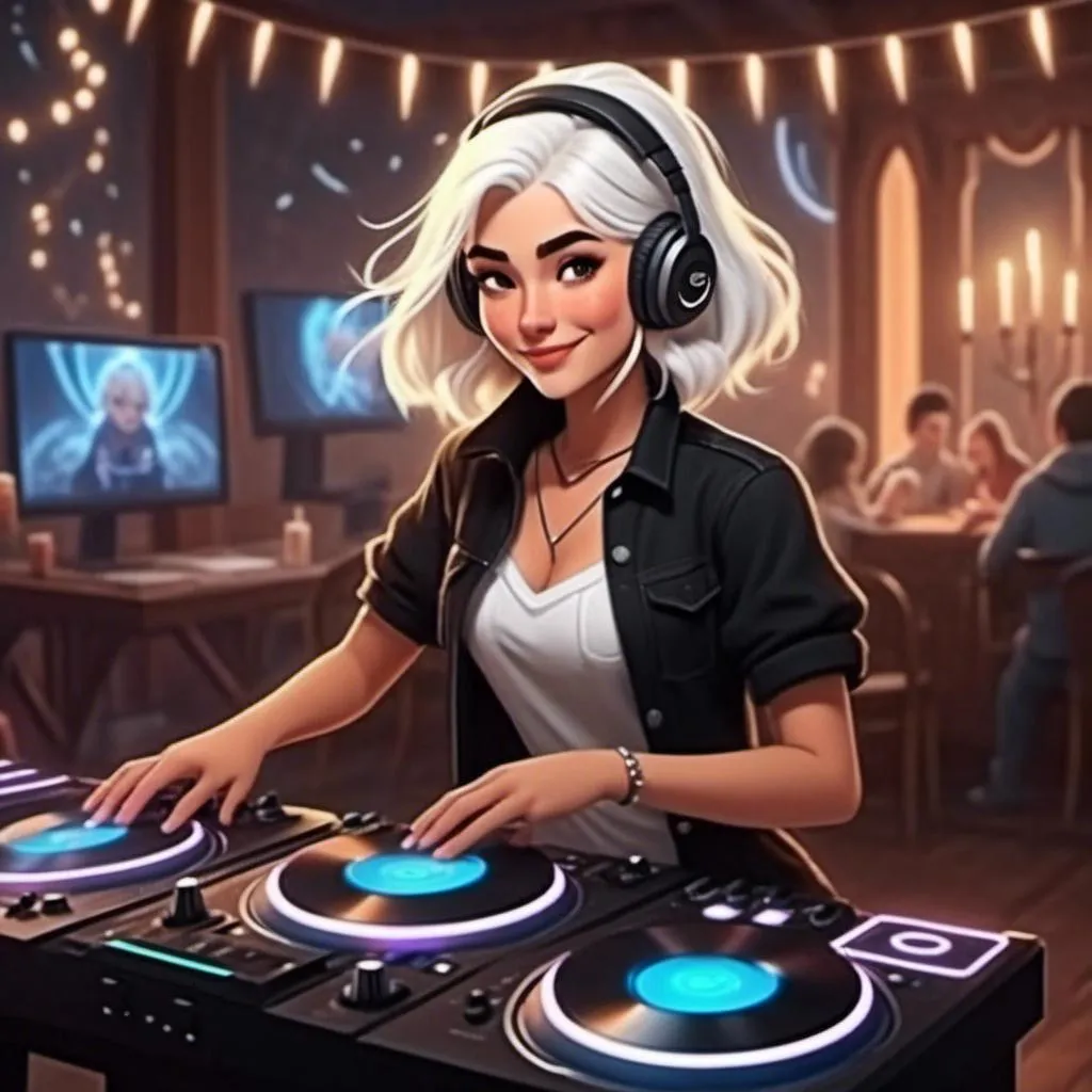 Prompt: <mymodel> as a DJ at a party with a light-show