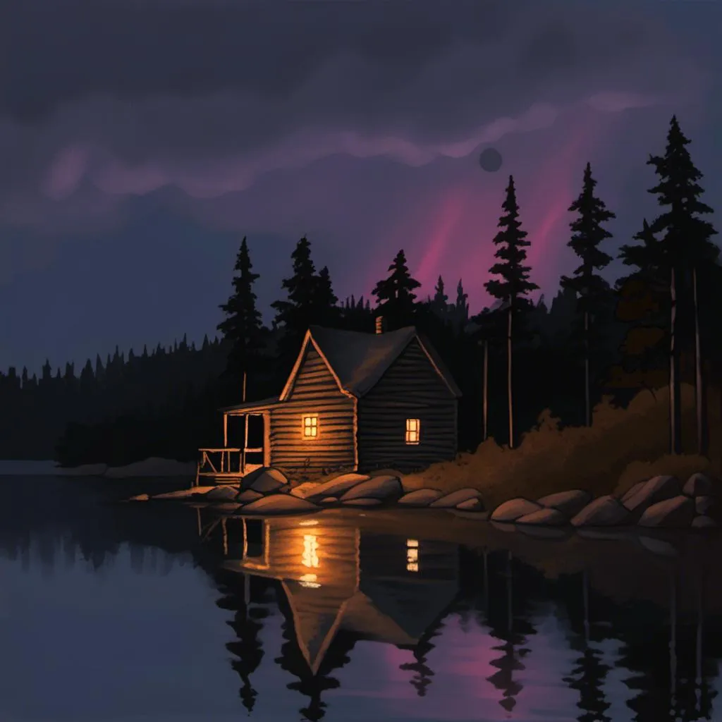 Prompt: <mymodel> night time dramatic lighting lake front scenery with a cabin that has its lights on