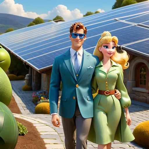 Prompt: Cinderella, sustainable lifestyle influencer, dressed in green blouse and blue jacket evoking nature, and Prince Charming, philanthropist in the fight against climate change and biodiversity protection, in costume in shades of gray and brown, suggesting sophistication and professionalism, solar and wind panels in the background, positive, optimistic and inspiring atmosphere, cartoon