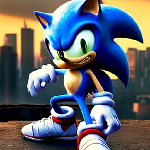 Prompt: sonic con un anillo en la ciudad con rayos y on el diseño de la pelicula