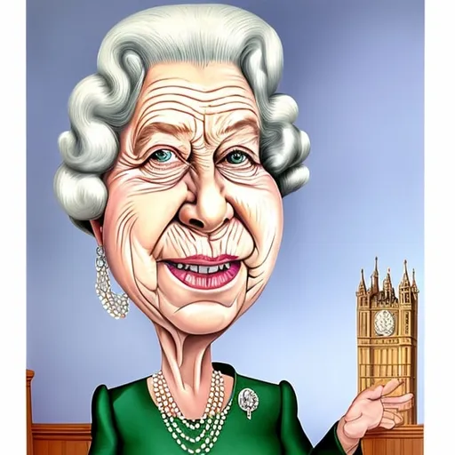 Prompt: cartoon painted caricature of the queen