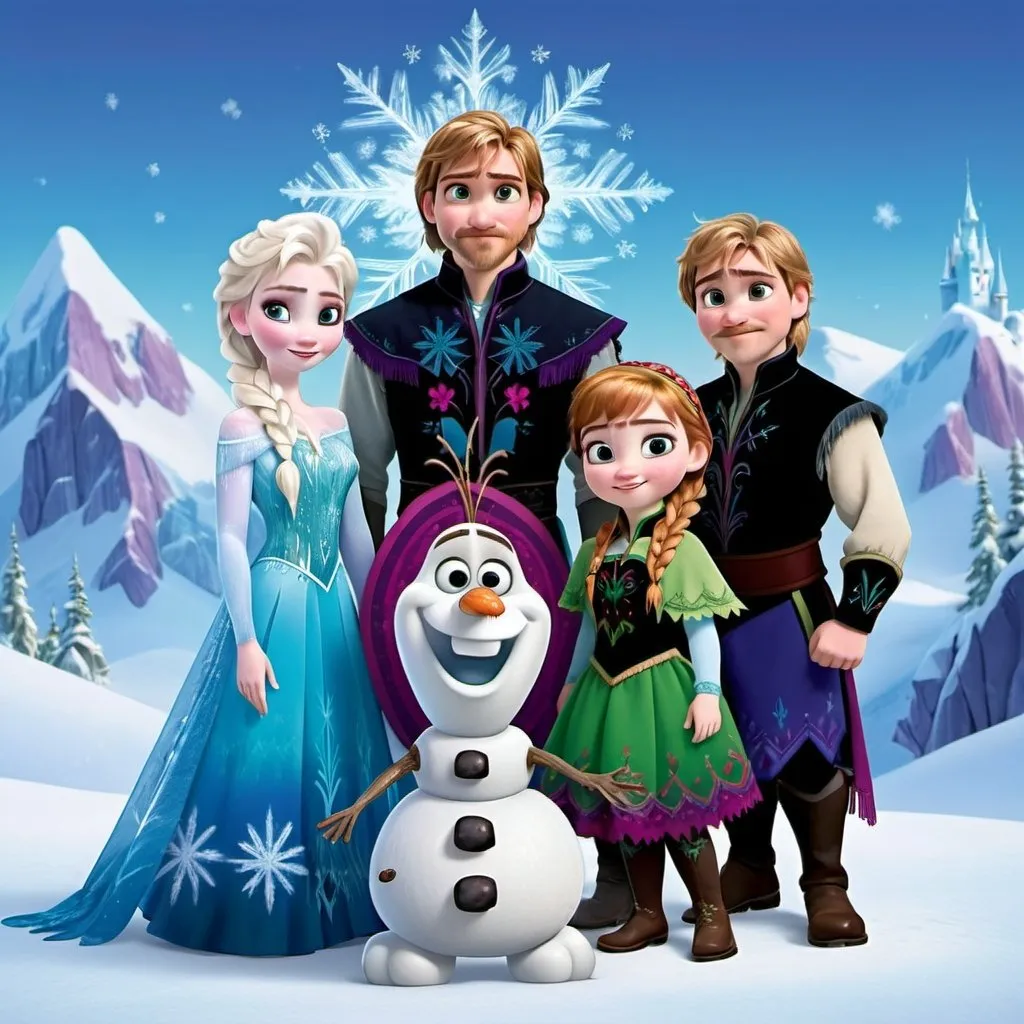 Prompt: Characters from frozen as babys or kids with magical pretty backround like a family photo no doubles