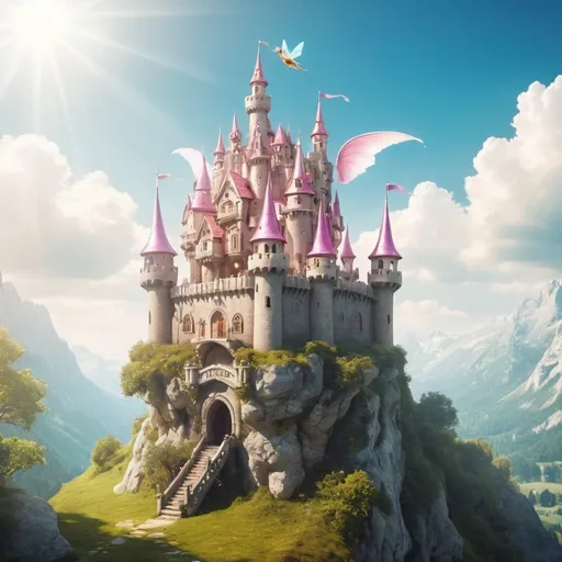 Prompt: flying castle in a fairyland with lots of light 