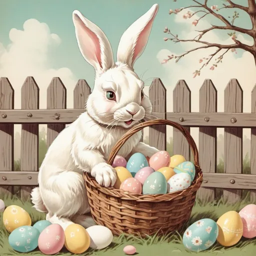 Prompt: vintage illustration of white Easter bunny with basket full easter eggs, pastel colors, fence