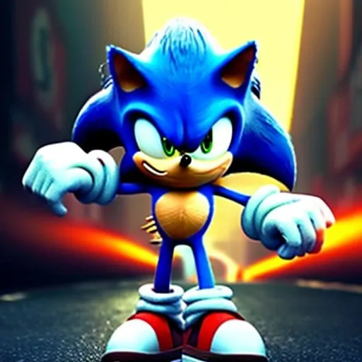 Prompt: sonic con un anillo en la ciudad con rayos y on el diseño de la pelicula