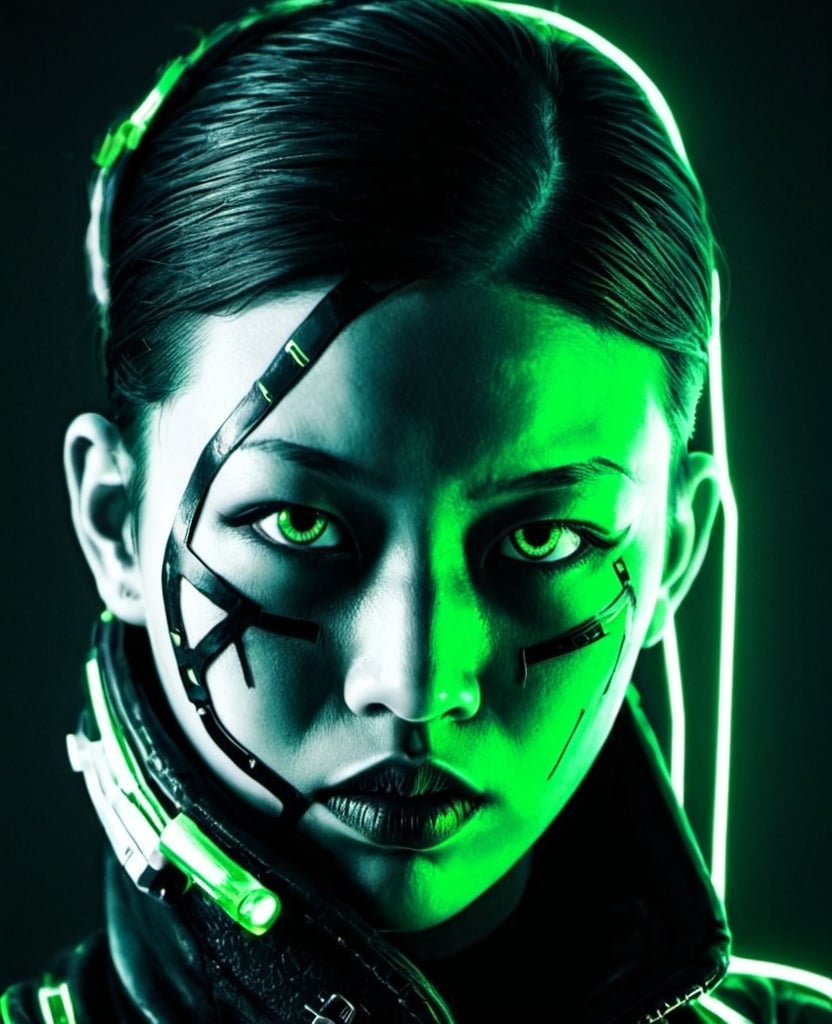 Prompt: black and white cyberpunk portrait with neon green elements