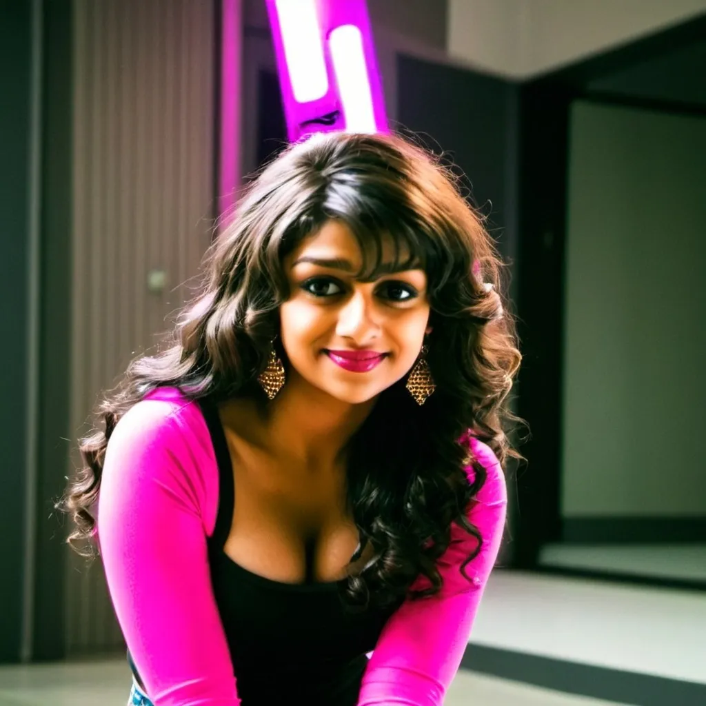 Prompt: Prince Khatri, though biologically male, looks entirely female, with long flowing hair, a curvy figure, and a feminine face matching the one in image 1. He is dressed in a stylish neon pink two-piece outfit, consisting of a crop top and mini skirt that accentuates his feminine curves. Standing beside him is Veer (the boy from image 2), dressed casually in a black shirt and jeans. The evening scene is set in a trendy, softly lit urban environment, with soft lights adding to the fashionable atmosphere.