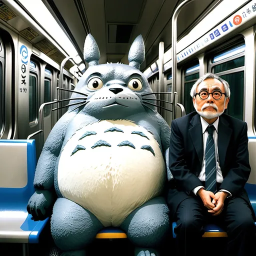 Prompt: Hayao Miyazaki is sitting with totoro in a Japanese metro train in very realistic setting