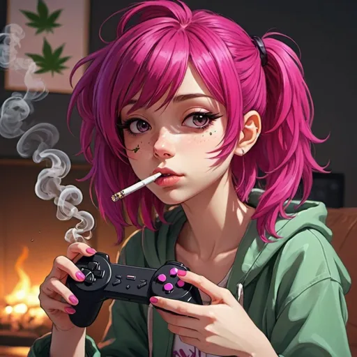 Prompt: anime girl with magenta hair smoking weed and playing video games