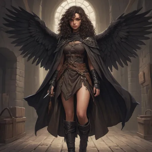 Prompt: Dark medieval fantasy anime illustration of a tan-skinned woman with dark curly hair, heavy dark poncho cloak, wooden platform boots, hip-mounted bag, eye patch, black-brown wings, and a dagger, detailed eyes, cool tones, fantasy, medieval, wings, detailed cloak, professional, atmospheric lighting
