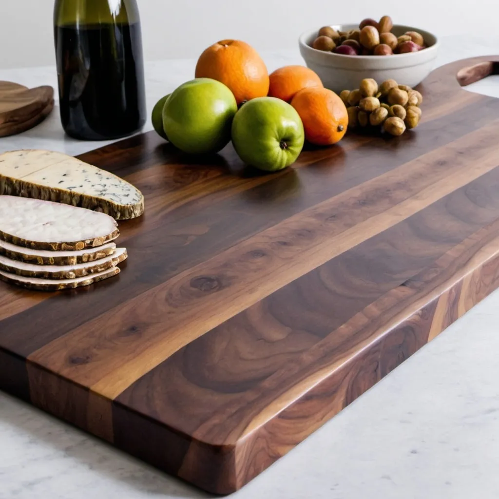 Prompt: A large 30"×15"x1.5" black walnut charcuterie board displayed for sale in an online Markey place
