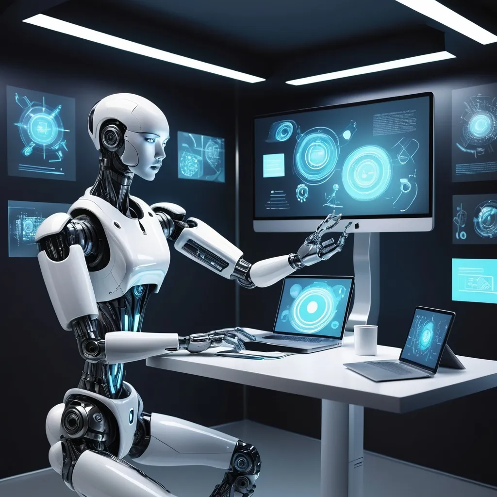 Prompt: Here’s a prompt for your book cover image:  

**Prompt:** *A futuristic, ultra-realistic digital illustration of a high-tech workspace filled with holographic screens displaying AI-powered tools. A sleek robotic hand interacts with a floating digital interface, showcasing AI-driven content creation, including video editing, article writing, and design tools. The background features a cyberpunk-inspired cityscape with neon blue and purple lights, symbolizing the cutting-edge technology of AI. The scene is highly detailed, with sharp HD textures, realistic lighting reflections, and a modern, professional aesthetic.*  

Would you like any specific elements, such as a laptop, an AI logo, or certain color schemes?