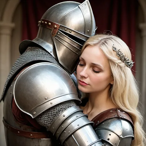 Prompt: a blonde woman could be a princess she is hugging a knight with armor and helmet with blood