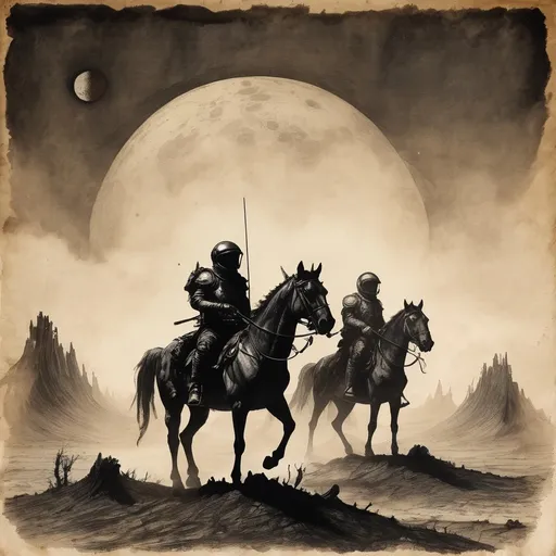 Prompt: two men riding a horse on an unknown planet something post apocalyptic there is fog and some planets in the sky

old drawing, mythological drawing, on worn paper, coal,  non-realistic, deformations, bad proportions, old book style, sketch, paint, oil, color, dark, bad lighting, shadows