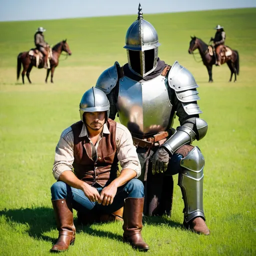 Prompt: Western cowboy and one armored knight with helmet sitting on a green field on the floor